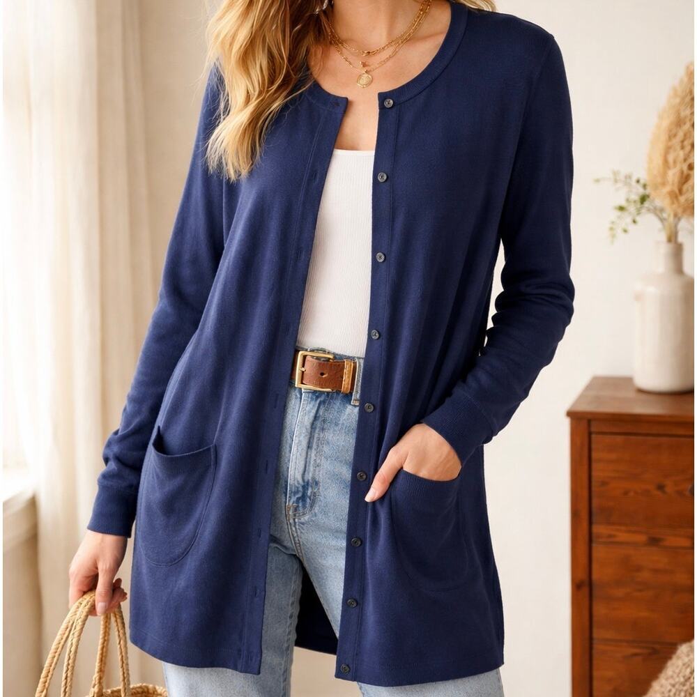 J. Jill Sz XL Navy Blue Button-Up Cardigan Wool Blend Long-Sleeve Casual Relaxed